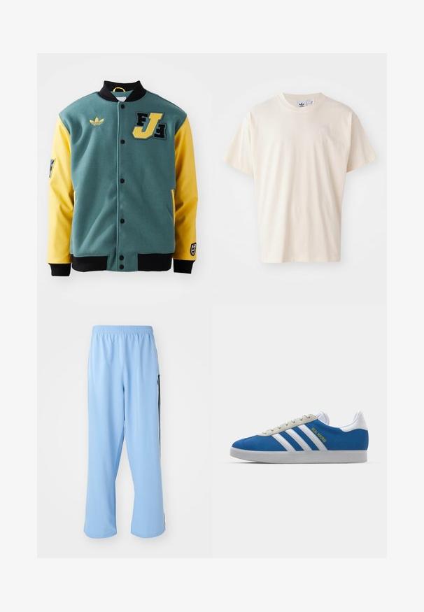 Green and yellow varsity jacket with black collar and cuffs, front snap buttons, Adidas logo, and FJ patch on the chest.; Cream cotton t-shirt with a round neckline and short sleeves; features a small, light-colored logo on the chest.; Light blue athletic pants made from smooth fabric, featuring an elastic waistband and contrasting black side stripes.; adidas Originals ADIDAS GAZELLE SHOES - Indoor football boots - real madrid/bluebird/footwear white/crew yellow