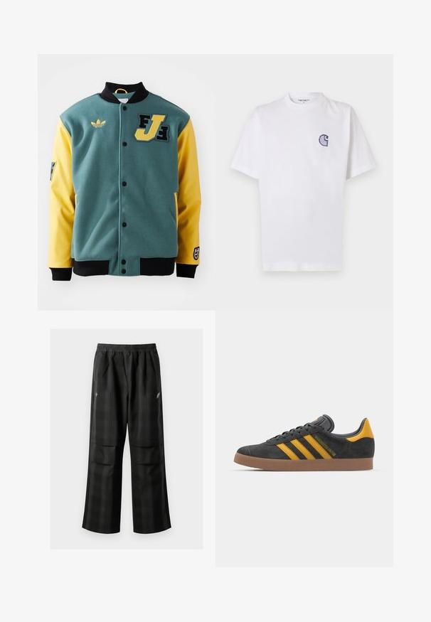 Green and yellow varsity jacket with black collar and cuffs, front snap buttons, Adidas logo, and FJ patch on the chest.; White cotton t-shirt with short sleeves, round neckline, and a small, embroidered blue "C" logo on the left chest area.; Black plaid pants featuring an elastic waistband, two front pockets, and a loose fit with a straight leg design. Made from lightweight material.; Black suede sneaker with yellow accents, featuring three stripes and a brown rubber sole. Includes a padded tongue for comfort.