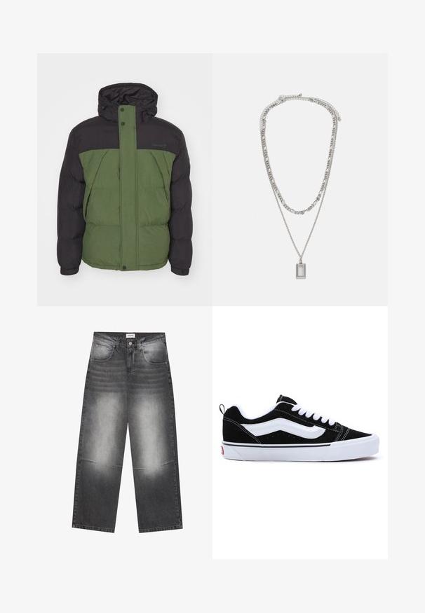 Nafukovacia bunda s čiernou hornou časťou a zelenou spodnou časťou, vyrobená z textúrovanej tkaniny, s kapucňou a plným predným zipsom.; Čierne tričko s dlhým rukávom vyrobené z bavlny, s okrúhlym výstrihom a rovnými strihom, s malým logom na rukáve.; Široké čierne denimové džínsy s vyblednutým šedým povrchom, s prednými vreckami, zapínaním na gombík a jemným opotrebovaním na kolenách.; Čierne semišové tenisky s bielymi akcentmi, s nízkym dizajnom, šnurovaním a hrubou bielou gumovou podrážkou. Logo značky na päte.; Strieborný náhrdelník s dvoma vrstvenými reťazami; obsahuje obdĺžnikovú prívesok s hladkým povrchom, ktorý predvádza lesklý kovový povrch.