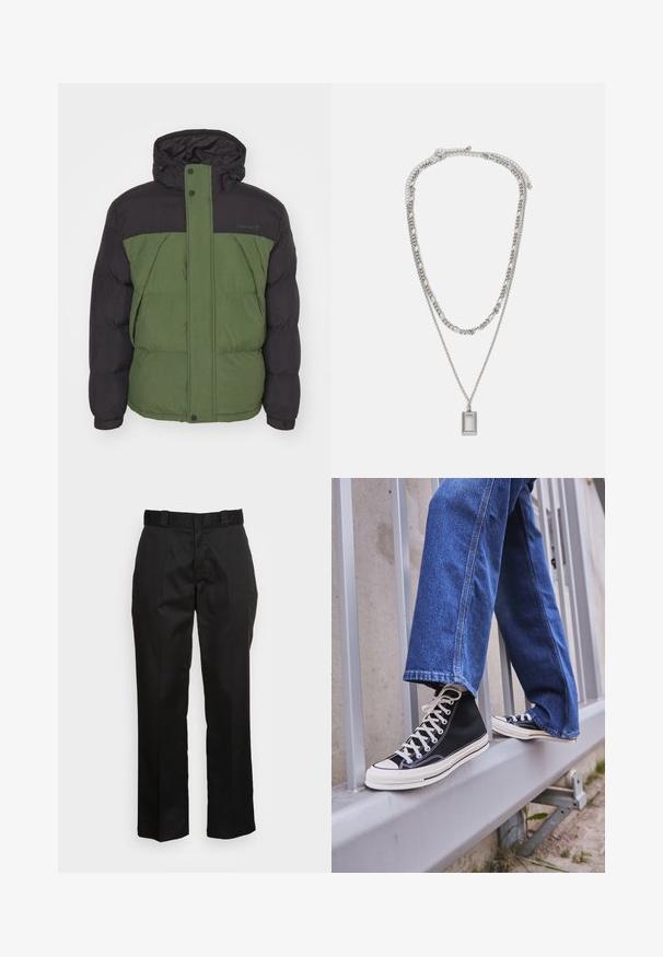 Naduvana jakna s crnim gornjim dijelom i zelenim donjim dijelom, izrađena od teksturiranog materijala, s kapuljačom i punim prednjim zatvaračem.; Bijela dugopruga majica s dugim rukavima od pamuka. Dizajn s okruglim izrezom, rebrastim manžetama i malim logotipom na lijevom rukavu. Glatka tekstura.; Crne hlače izrađene od glatkog materijala, s ravnim krojem, petljama za pojas i dva bočna džepa. Klasičan izgled bez ukrasa.; Crne visoke tenisice s bijelim potplatom i vezicama, u kombinaciji s širokim plavim trapericama, naslonjene na sivi ogradu.; Srebrna ogrlica s dvije slojevite lance; ima pravokutni privjesak s glatkom površinom koji prikazuje sjajni metalni završetak.