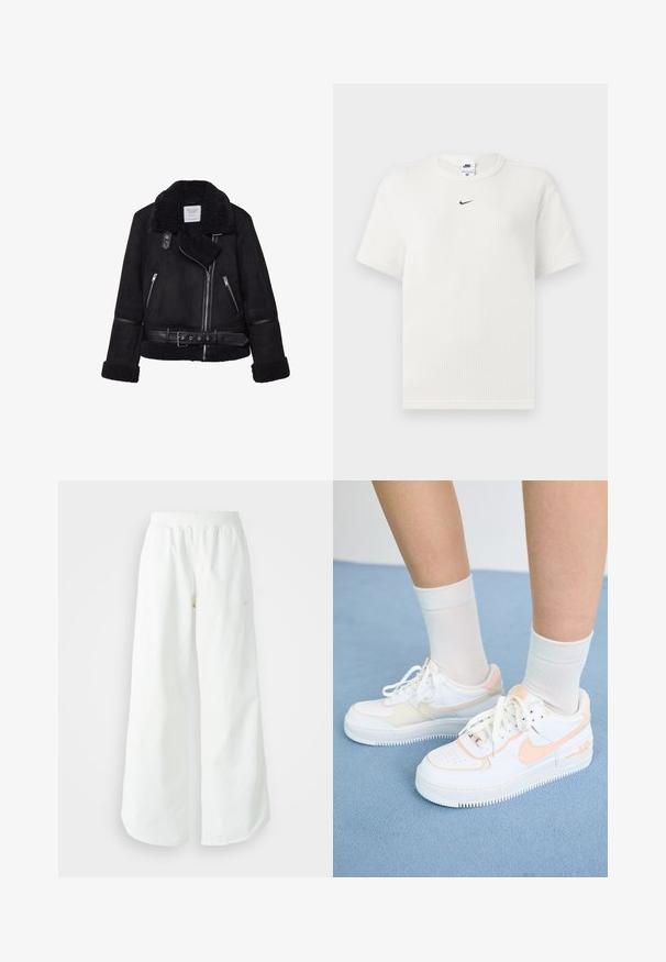 Crna jakna od umjetne kože s krznenim ovratnikom, patentnim zatvaračem sprijeda i bočnim džepovima. Ima crne kožne akcentne detalje i pojas oko struka.; Bijela rebrasta majica s okruglim izrezom i kratkim rukavima. Sadrži mali crni Nike logo na prsima. Teksturirana tkanina s prilagođenim oblikom.; Bijele široke sportske hlače s rebrastim pojasom i suptilnim logotipom. Glatka tkanina s opuštenim krojem i suženim rubom.; Bijele tenisice s breskvastim akcentima, glatka kožna gornja strana, perforirani vrh, teksturirana potplat i vezice. Nosi se s bijelim čarapama na plavoj površini.
