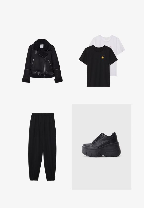 Schwarze Fake-Suede-Jacke mit einem Schaffell-Kragen, Reißverschluss vorne und seitlichen Taschen. Mit schwarzen Lederakzenten und einem taillierten Gürtel.; Schwarz-weiße T-Shirts, Rundhals, kurze Ärmel. Das schwarze Shirt hat eine gelbe Sonnenstickerei; das weiße eine lila Halbmond-Akzent.; Schwarze, leichte Hosen mit einem elastischen Bund und gerafften Knöcheln. Der Stoff ist glatt und hat ein entspanntes, schmal zulaufendes Design.; Schwarze Schnürsneaker mit einer klobigen Sohle, ausgestattet mit einem glatten Leder-Obermaterial, runder Zehenpartie und markantem, geschichteten Plattformdesign.