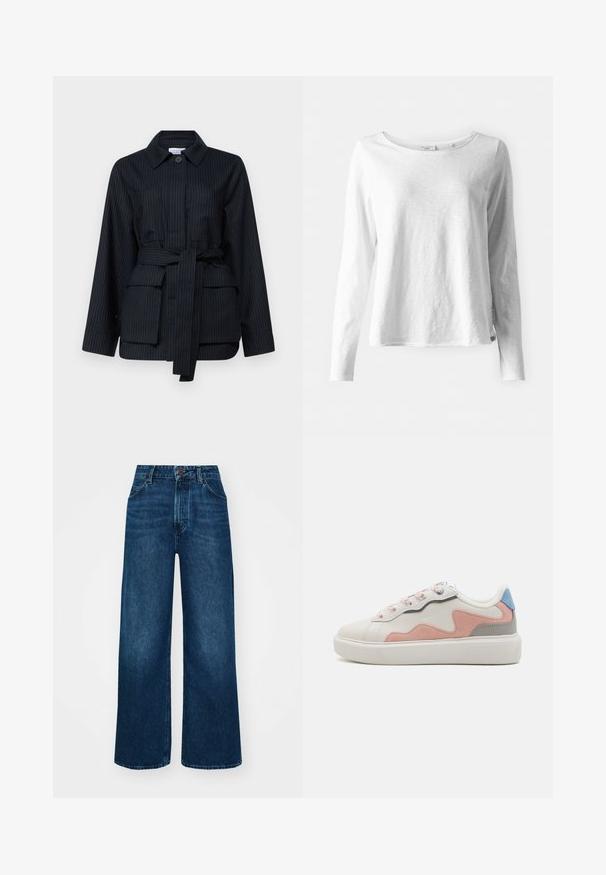 Mustriga musta jope krae, ees nööp, vööpael ja kaks kott-taskut. Valmistatud tekstureeritud kangast.; Pika küljeõmblustega lõhked valge pikkade käistega T-särk, soft, kerge kangaga; ümar kaelus ja veidi lõdvem sobivus; silt on nähtav külgedel.; Kõrge vöökohaga laiad teksad tummises sinises denimis, millel on sile tekstuur, kontrastne õmblus ja viie-tasku disain. Esimene nupulukk.; Madala lõikega tossud valge sünteetilise ülemise osaga, roosa ja halli nubukaktsentidega, tekstuuriga valge kummitald ja värvilised paelad.