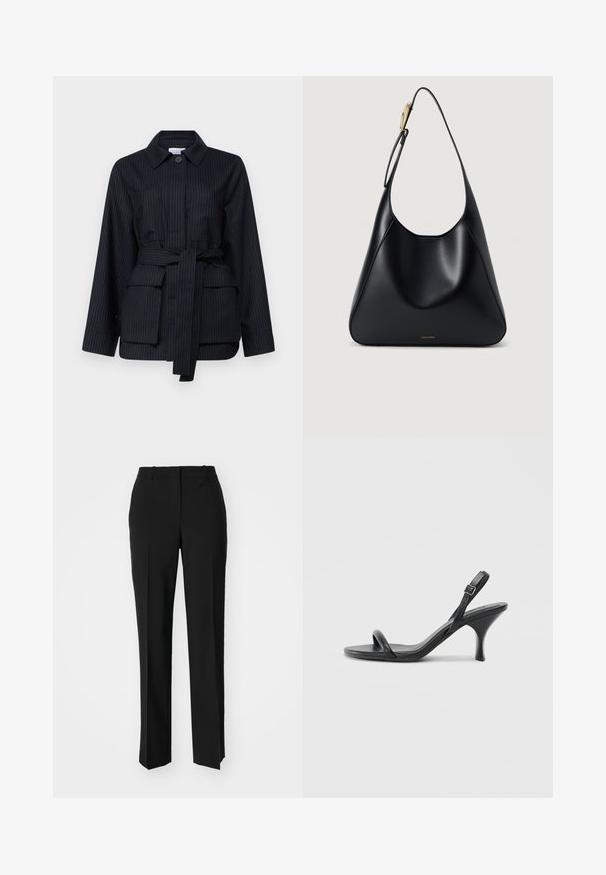 Czarna marynarka w prążki z kołnierzem, z przodu zapinana na guziki, z paskiem i dwoma naszytymi kieszeniami. Wykonana z teksturowanej tkaniny.; Biała, krótka koszulka z szerokimi rękawami, wykonana z miękkiej bawełny, okrągły dekolt z delikatnym pomarańczowym wykończeniem, minimalistyczny design, bez wzorów i grafik.; Czarne spodnie o dopasowanym kroju z prostymi nogawkami, o gładkiej fakturze i wyraźnych zagięciach z przodu. Bez widocznych elementów metalowych.; Czarne skórzane sandały na wysokim obcasie z cienkim, zakrzywionym obcasem i skrzyżowanym wzorem pasków. Regulowany pasek na kostkę. Gładka faktura.; Czarna skórzana torebka na ramię o gładkiej teksturze, zaokrąglonym kształcie i złotych akcentach. Posiada wytłoczone logo marki na dole.