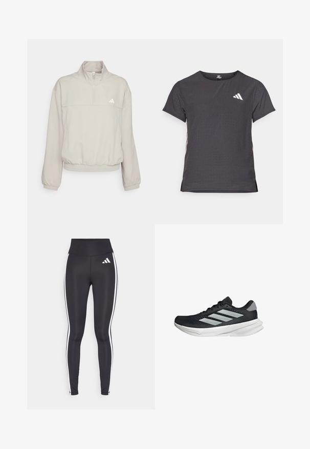 adidas Performance AEROREADY TRAIN ESSENTIALS QUARTER ZIP - Træningsjakke - beige/white; Kortærmet atletisk t-shirt, mørkegrå med perforeret tekstur. Har et hvidt logo og kontrastfarvede sidelister. Rundet halsudskæring.; Sorte leggings med høj talje, med hvide sidestriber og et lille hvidt logo på den øverste venstre lår. Fremstillet af glat, strækbart materiale.; Sort løbesko med mesh-overdel, tre sølvstriber, hvid mellemsål og struktureret ydersål. Har polstret krave og snørelukning.
