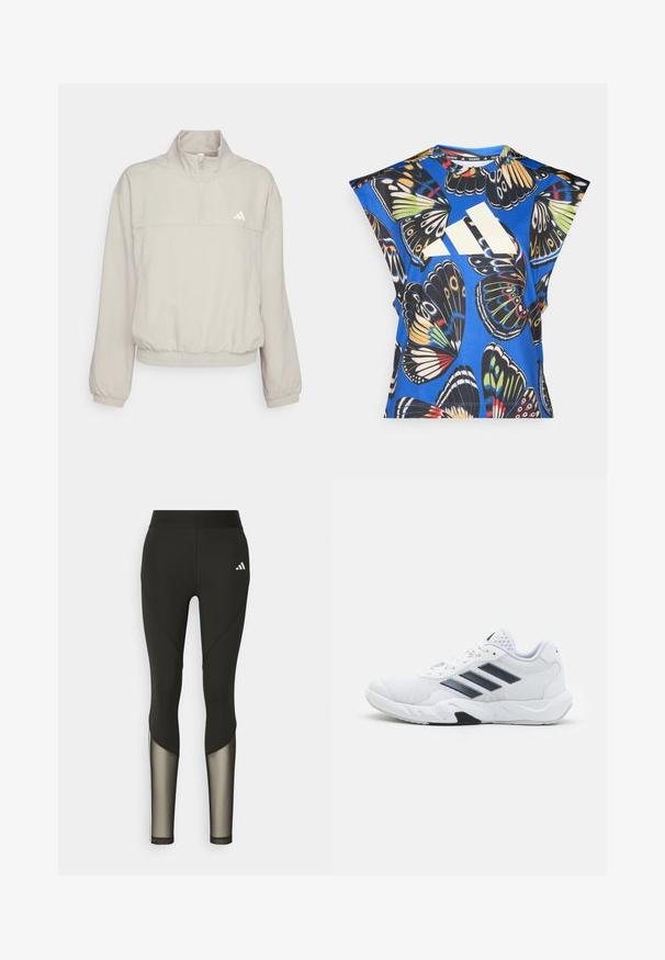 adidas Performance AEROREADY TRAIN ESSENTIALS QUARTER ZIP - Training jacket - beige/white; Blue short-sleeve shirt featuring a vibrant butterfly print in various colors, with a large white logo on the front and a round neckline.; Black athletic leggings with a high waistband, featuring mesh accents on the lower legs and an embroidered logo on the hip.; White athletic shoe with mesh upper, three black stripes on the side, textured accents, and a sturdy rubber sole with a contrasting black section.
