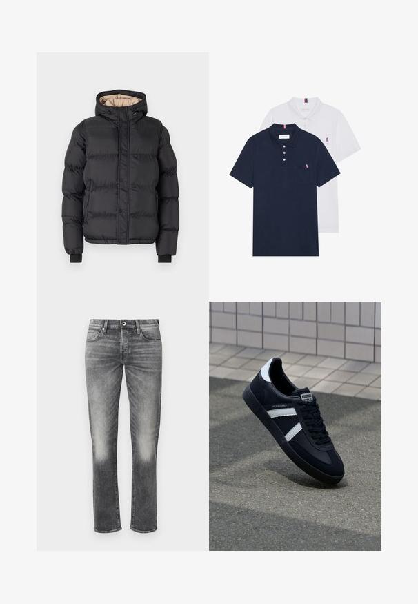 Must must jacket, mille, kapuutsiga, lukuga ja tõmbluku kinnihoidmiseks, soonikvarrukatega ja kontrastse beežika voodriga.; Kaks polo särki: üks tumesinine ja üks valge, mõlemal on rinnataskul ja krael väike punase, valge ja sinise aktsent.; Hallid denim teksad sirge jala kujundusega, millel on õrn pleekimine, viis taskut ja nööp sulgemine. Tekstuuritud kangas minimaalsete õmblustega.; Must have musta sneaker musta valgete triipudega, tekstuurne kummitald ja nööridega esiosa. Omab bränditud märki keele peal.