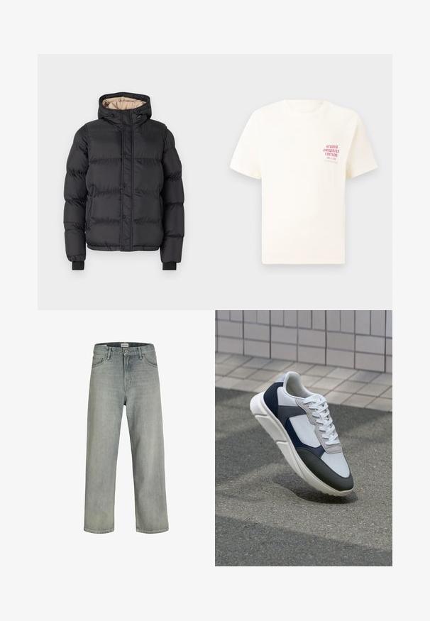 Czarna kurtka puchowa z kapturem, zamkiem błyskawicznym i zapięciem na napy, ściągaczami przy rękawach oraz kontrastową beżową podszewką.; Biała koszulka z krótkim rękawem z czerwonym napisem "Studio Originals Edition" po lewej stronie klatki piersiowej, wyeksponowana na neutralnym szarym tle.; Jasnoszare, luźne dżinsy wykonane z denimu. Posiadają klasyczny pięcio-kieszeniowy krój, szlufki na pasek oraz prostą nogawkę.; Białe, granatowe i szare sneakersy o mieszanej konstrukcji, z teksturowanym wierzchem, płaskimi sznurowadłami i amortyzowaną podeszwą.
