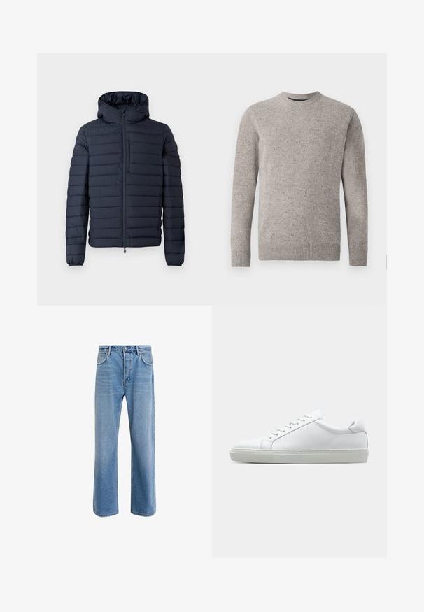 Dark navy puffer jacket with a hood, featuring horizontal quilted sections, a front zipper, and elastic cuffs. Minimalist design with subtle accents.; Light gray knitted sweater with a crew neckline, long sleeves, and ribbed cuffs and hem. Textured pattern with flecks of color.; Light blue denim jeans with a straight-leg design, five pockets, button closure, minimal fading, and contrasting stitching details.; White sneaker with a smooth leather upper and a low profile. Features a rounded toe, six eyelets, and a textured rubber sole.
