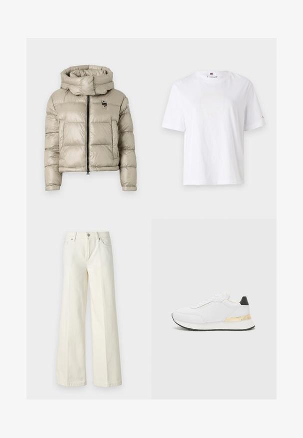 Doudoune beige clair avec un col montant, fermeture éclair frontale et motif matelassé horizontal ; présente un petit logo sur la poitrine.; T-shirt en coton blanc avec un col rond, des manches courtes et un design de logo jaune subtil indiquant "HILFIGER NEW YORK 1985". Coupe standard.; Jean blanc à jambes larges en tissu mélangé de coton. Caractéristiques : fermeture à glissière, format cinq poches et coutures le long des coutures.; Baskets blanches au fini lisse, avec un accent noir au niveau du talon et un détail métallique doré sur la semelle intermédiaire. Design à lacets, semelle en caoutchouc.