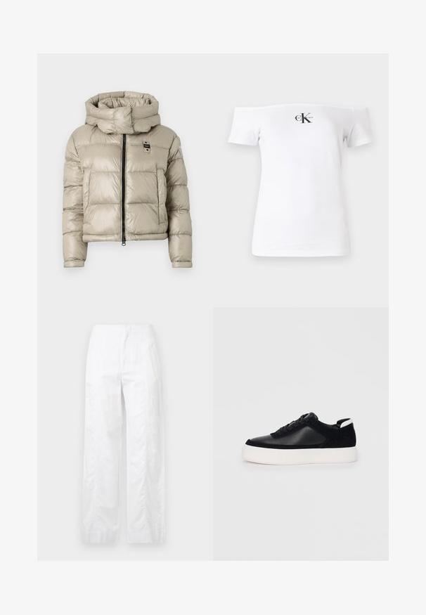 Casaco puff em bege claro com gola alta, fecho frontal e padrão acolchoado horizontal; possui um pequeno logotipo no peito.; T-shirt branca de alças caídas, mangas curtas, em material de algodão, com o logo e texto preto "CK" impressos na frente. Textura suave.; Calças brancas de perna larga feitas de um tecido leve, com uma textura suave, linhas limpas e um design de cintura alta.; Sapatilha preta com painéis de pele lisa e camurça, atacadores planos, bico arredondado e sola de borracha branca. Logótipo distinto no calcanhar.