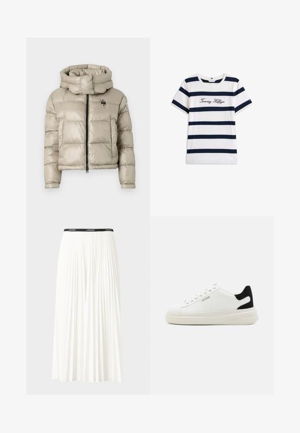 Chaqueta de plumón en beige claro con un cuello alto, cremallera frontal y patrón de acolchado horizontal; cuenta con un pequeño logo en el pecho.; Camiseta de algodón con rayas horizontales azul marino sobre un fondo blanco. "Tommy Hilfiger" bordado en cursiva en el pecho. Escote de tipo crew.; Falda blanca plisada con una cinturilla elástica negra que presenta el logotipo "LACOSTE". Diseño de longitud media con textura suave.; Zapatillas blancas de cuero con una suela blanca gruesa, acento en el talón de ante negro y logo grabado en el lateral. Diseño de cordones con seis ojales.
