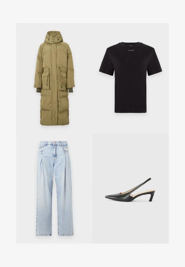 Dolga, olivno zelena pufferska jakna s kapuco, ki ima dva sprednja žepa, vrvico v pasu in rebraste manšete. Gladka tekstura in oblika s podlogo.; Črna bombažna majica s kratkimi rokavi, okroglim izrezom in majhnim belim logotipom "Calvin Klein" na prsih. Gladka tekstura, klasičen kroj.; Svjetloplave traperice visoko struka, širokog kroja, s dva bočna djepa i naboranim dizajnom. Mekana tekstura s izblijedjelim završetkom.; Črne čevlje s koničastimi nosovi in slingback obliko z nizko peto, izdelane iz gladke usnjene materiale ter s črtasto zasnovo na strani za prezračevanje.
