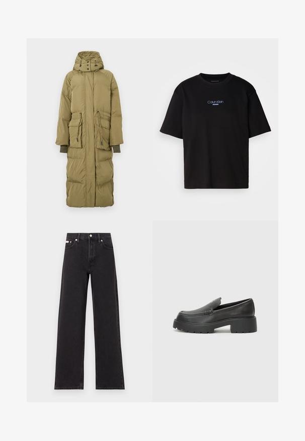 Long, olive green puffer coat with a hood, featuring two front pockets, drawstring waist, and ribbed cuffs. Smooth texture and padded design.; Black cotton t-shirt with a round neck, short sleeves, and blue embroidered "Calvin Klein JEANS" logo on the front.; Black wide-leg jeans made of denim, featuring a high-rise waist, five-pocket styling, and a metal button closure with contrasting stitching.; Black leather loafers with a rounded toe, thick textured sole, and minimal stitching details. Sleek design with no visible laces or hardware.