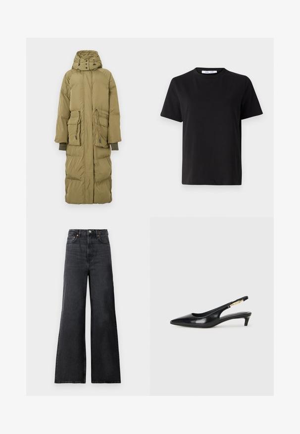 Abrigo acolchado largo de color verde oliva con capucha, que cuenta con dos bolsillos frontales, cintura ajustable y puños acanalados. Textura suave y diseño acolchado.; Camiseta negra de manga corta hecha de algodón suave, con un cuello redondo, corte relajado y una textura lisa. Sin patrones ni gráficos visibles.; Jeans de mezclilla negros acampanados con cintura alta, que cuentan con un cierre de botón de metal, bolsillos delanteros y un ligero desgaste en la tela.; Tacones negros de piel sintética tipo slingback con punta afilada, que cuentan con un tacón delgado y un detalle en tono dorado en la correa ajustable. Textura suave.