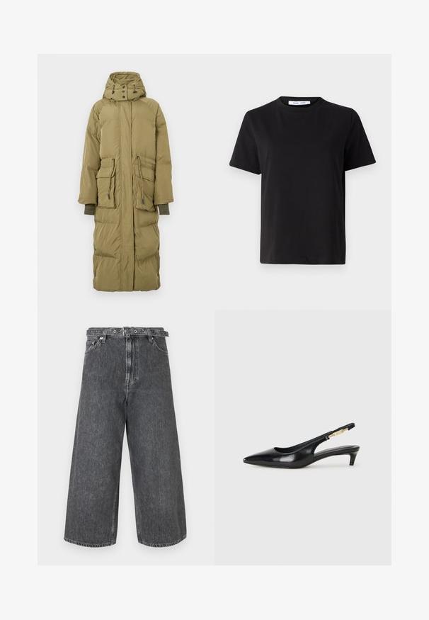 Hosszú, olíva zöld puff coat kapucnival, két elülső zsebbel, húzózsinóros derékrésszel és bordázott mandzsettákkal. Simább textúrával és párnázott kivitelezéssel rendelkezik.; Fekete, rövid ujjú póló, puha pamutból készült, kerek nyakkivágással, laza szabással és sima textúrával. Nincs látható minta vagy grafikák.; Sötét szürke farmer széles szárú nadrág. Magas derekú, gombos és cipzáras záródással, befejezett szegélyekkel és finom kopásokkal.; Fekete bőr slingback magassarkúk, hegyes orral, vékony sarkakkal és arany színű részlettel a állítható pánton. Simа felület.