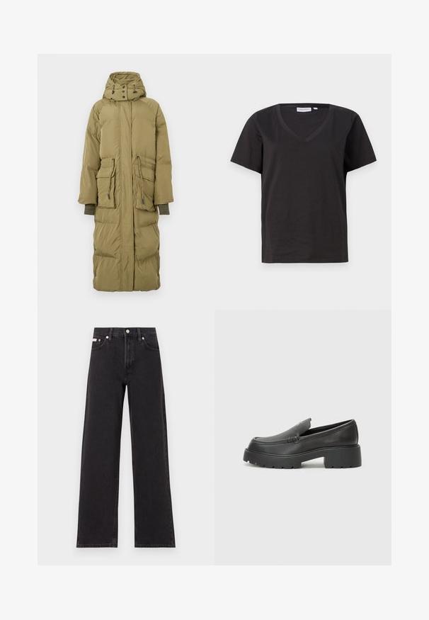 Long, olive green puffer coat with a hood, featuring two front pockets, drawstring waist, and ribbed cuffs. Smooth texture and padded design.; Black cotton T-shirt with a V-neck and short sleeves. Simple design with a regular fit and no patterns or accents.; Black wide-leg jeans made of denim, featuring a high-rise waist, five-pocket styling, and a metal button closure with contrasting stitching.; Black leather loafers with a rounded toe, thick textured sole, and minimal stitching details. Sleek design with no visible laces or hardware.