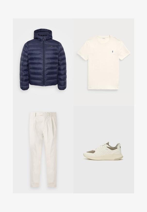 Tengerészkék puffermellény kapucnival, cipzáros elülső résszel, steppelt kialakítással, és fekete címkével a mellkason. Simogató, könnyű anyag.; Krém színű pamut póló, kerek nyakkal és rövid ujjakkal. Bal mellen egy kis kék hímzett logó található.; Fehér, pliszírozott nadrág, testre szabott szabással, sima felülettel, övhurkokkal és karcsú lábszárral. Nincs látható zseb vagy minta.; Fehér és világos bézs sportcipő, légies hálós felsőrésszel, perforált részletekkel és texturált középtalppal, amelyen a saroknál a márka logója található.