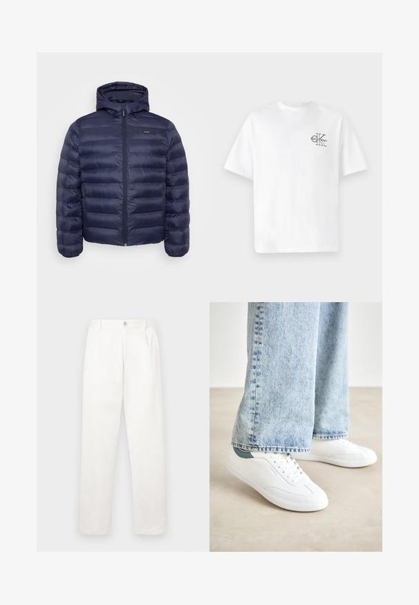 Jūrinis pūkų džemperis su gobtuvu, su užtrauktuku priekyje, siuvinėto dizaino ir juoda etikete ant krūtinės. Lygus, lengvas medžiaga.; Balta medvilninė marškinėliai su trumpomis rankovėmis, apvalia kaklo iškirpte, kairėje krūtinės pusėje esantis juodas CK logotipas, standartinio kirpimo, lygus paviršius.; Balti kelni, pagaminti iš lygaus audinio, turi tiesią kojos konstrukciją, priekinę klostę ir vieną mygtuką juosmens srityje.; Baltos sportbačiai su lygiu paviršiumi, raišteliais ir tekstūruota guma, su žaliu akcentu ant kulno, derinami su šviesiai mėlynomis džinsinėmis kelnėmis.