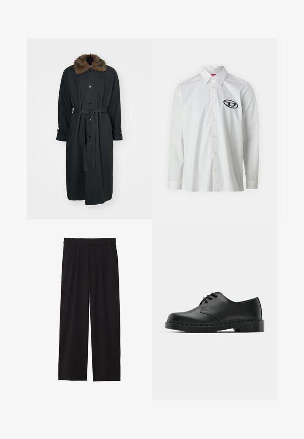 Ilgas juodas paltas su kailiniu apykakle, turintis priekinį mygtukų uždarymą, dirželiu modeliavimo juosmenį ir suktomis rankovėmis. Pagamintas iš lygaus audinio.; Balta ilga rankovėmis marškiniai, pagaminti iš medvilnės, su mygtukų užsegimu ant apykaklės ir juodu išsiuvinėtu logotipu kairėje krūtinės pusėje.; Juodos platėjančios kelnės su pločiu priekiniu raukiniu, šoninėmis kišenėmis ir lygiu audiniu. Sukurtos patogiam prigludimui.; Juodos odinės oksfordo bateliai su raištelių užsegimu, apvaliu pirštu, plokščiu guminiu padu ir subtiliu siuvimo akcentu viršuje.