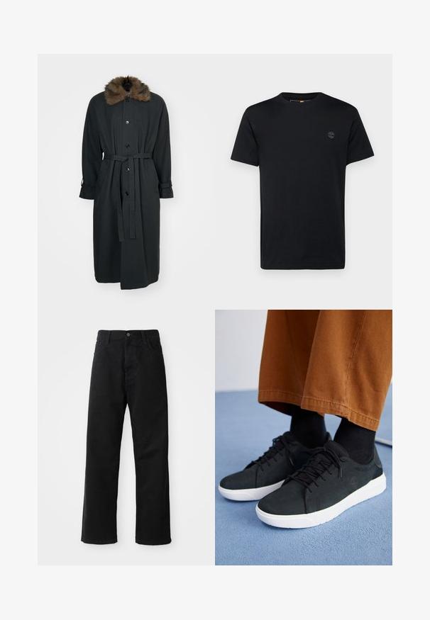 Long manteau noir avec col en fourrure, doté d'une fermeture à boutons sur le devant, d'une taille ceinturée et de poignets roulés. Fabriqué dans un tissu lisse.; T-shirt en coton noir avec col rond, manches courtes et un petit logo brodé sur la poitrine. Texture lisse, coupe classique.; Pantalons en denim noir à coupe droite, avec poches avant, fermeture éclair et un seul bouton supérieur. Tissu texturé avec une finition mate.; Baskets en suede noir avec semelles en caoutchouc blanc, présentant un design à lacets, des accents texturés et une branding discrète, associées à un pantalon marron.