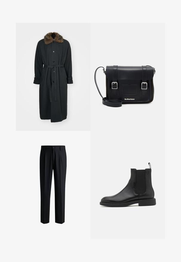 Dlouhý černý kabát s kožešinovým límcem, má přední zapínání na knoflíky, pásek v oblasti pasu a ohrnuté manžety. Vyroben z hladké tkaniny.; Balení pěti černých triček s kulatým výstřihem. Krátké rukávy, bavlněný materiál, standardní střih. Hladký povrch bez viditelných vzorů nebo ozdob.; Černé kalhoty vyrobené z hladké tkaniny, s rovnými nohavicemi, záhyby vpředu a zapínáním na knoflík s poutky na opasek.; Černá kožená kotníková bota s hladkým povrchem, elastickými bočními panely a poutkem. Kulatá špička a plochá gumová podrážka s minimálním vzorkem.; Černá kožená taška přes rameno se stříbrnými sponami, žlutým prošíváním, nastavitelným popruhem a přední kapsou. Logo značky umístěné na přední straně.