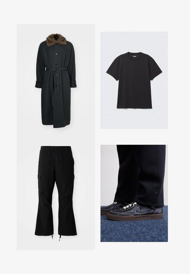 Palton lung negru cu guler de blană, având închidere cu buton frontal, talie cu curea și manșete răsucite. Fabricat dintr-un material neted.; Tricou negru cu mânecă scurtă, din bumbac. Are un decolteu tip crew și o croială lejeră. Design simplu, fără modele sau accente vizibile.; Pantaloni cargo negri cu talie elastică, având buzunare laterale și picioare evazate cu fermoare la tiv, expuși pe un fundal alb.; Nike Sportswear KILLSHOT 2 LTR PRM OPP2 - Sneakers low - black sail baroque brown mtlc dk grey