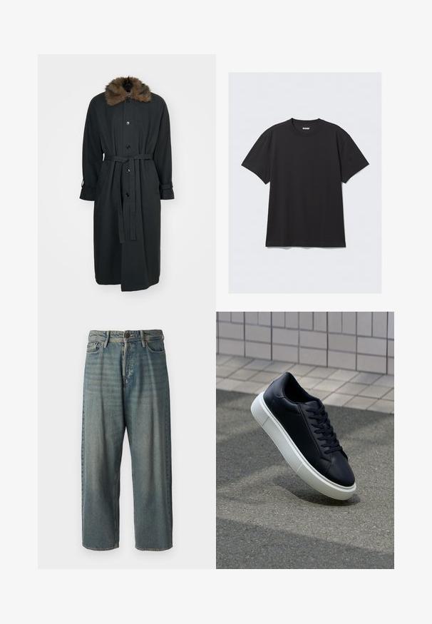 Lungo cappotto nero con colletto di pelliccia, dotato di chiusura anteriore con bottoni, vita con cintura e polsini arrotolati. Realizzato in un tessuto liscio.; T-shirt nero a maniche corte in cotone. Presenta un collo a giro e una vestibilità comoda. Design semplice senza motivi o dettagli visibili.; Jeans di denim azzurro chiaro con vestibilità ampia, vita media e gambe dritte. Presenta cinque tasche, passanti per cintura e chiusura con bottone.; Sneaker in pelle nera con punta arrotondata e suola in gomma bianca. Presenta lacci piatti e cuciture minime sulla parte superiore. Suola testurizzata per una migliore aderenza.