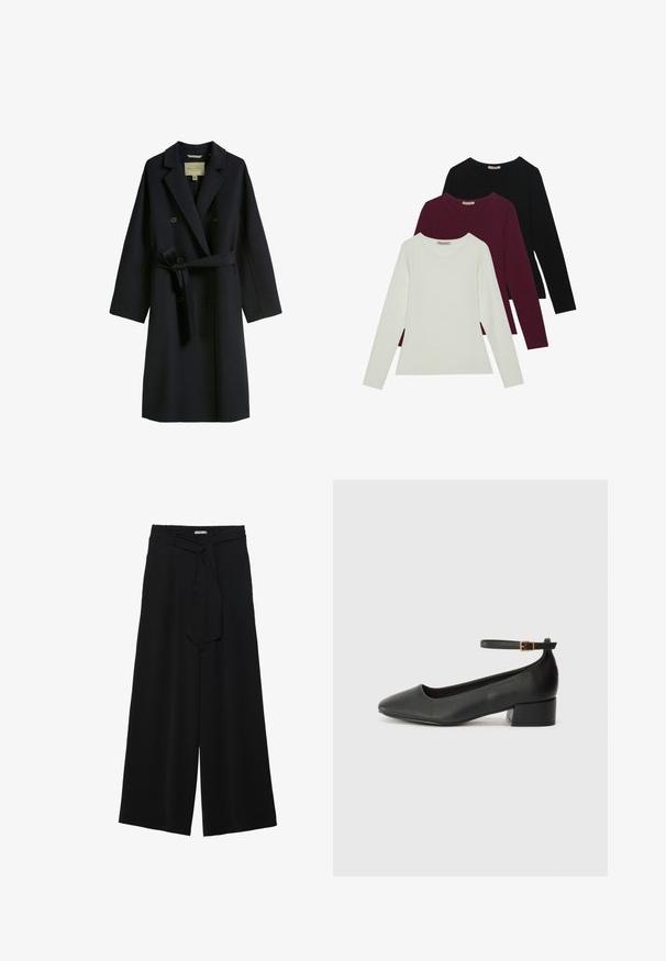 Sötét tengerészkék gyapjú keverék trench coat, dupla gombolású kivitelben, széles hajtókákkal és derékpánttal. A gombok kör alakúak és feketék.; Hosszú ujjú pólók fehér, burgundi és fekete színben. Puha anyagból készült, kerek nyakú és testhez simuló fazonú. Réteges öltözködéshez is alkalmas.; Fekete, bő szárú nadrág, texturált anyagból, rugalmas derékpánttal és levehető sállal a derekán, amely állítható illeszkedést biztosít.; Fekete bőr magassarkú cipő hegyes orral és alacsony tömb sarkal. Bokapánttal rendelkezik, aranyszínű csattal. Simább textúra.