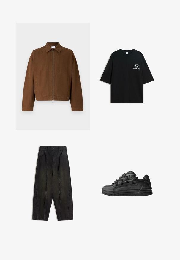 Rjava jakna z zadrgo in ovratnikom, z dolgimi rokavi, stranskimi žepi in skrajšanim dizajnom v gladkem, strukturiranem materialu.; Črna prevelika bombažna majica z okroglo ovratnico in kratkimi rokavi, z belim logotipom "Shibuya" natisnjenim spredaj.; Črne široke jeans hlače z vidnimi šivi in razpršenimi robovi, ki imajo dve sprednji žepi in visok pas.; Črne superge z gladkim usnjenim zgornjim delom, teksturiranimi detajli in okroglimi črnimi ter belimi vezalkami. Debel gumijast podplat z vzorčastim profilom.