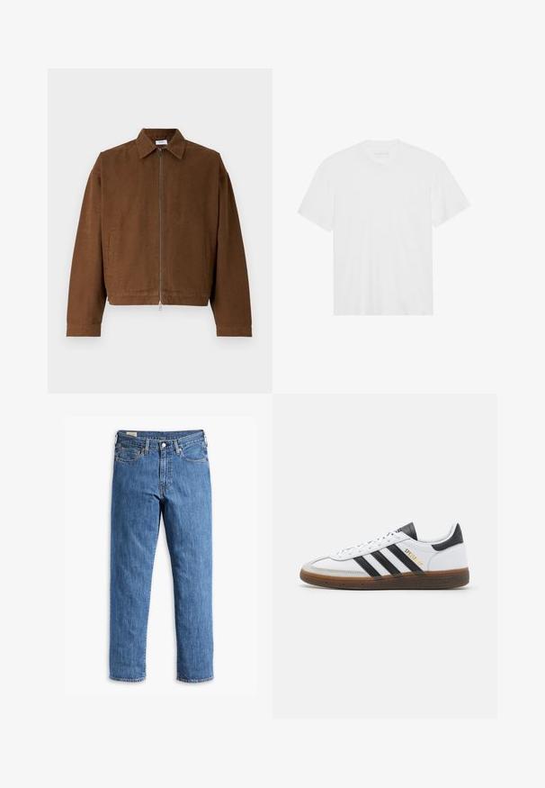 Rjava jakna z zadrgo in ovratnikom, z dolgimi rokavi, stranskimi žepi in skrajšanim dizajnom v gladkem, strukturiranem materialu.; Bela bombažna majica s kratkimi rokavi, krožnim izrezom in ravnim robom. Gladka tekstura, minimalistična zasnova brez vzorcev ali okrasov.; Modri kavbojki z naravnim rezom, bakrenimi zakovicami in zasnovo s petimi žepi. Imajo šivano spodnjo obrobje in klasik pas z zankami za pas.; beli usnjeni športni copat z črnimi semišo detajli, tremi črnimi črtami, bež gumijastim podplatom in zlatim logotipom "SPEZIAL" na strani.