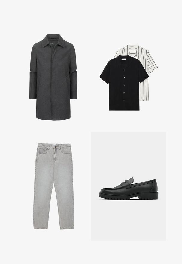 Gray wool coat with a classic collar, mid-length design, side pockets, and a subtle texture. Closed front with no visible fasteners.; Two short-sleeve shirts: one solid black, one white with black vertical stripes. Both feature button closures and a classic collar.; Light grey denim pants with a straight-leg design, five-pocket styling, and a button closure. Visible stitching along the seams.; Black leather loafers with a rounded toe, featuring a stitched design, low platform sole, and a textured, lugged rubber outsole.