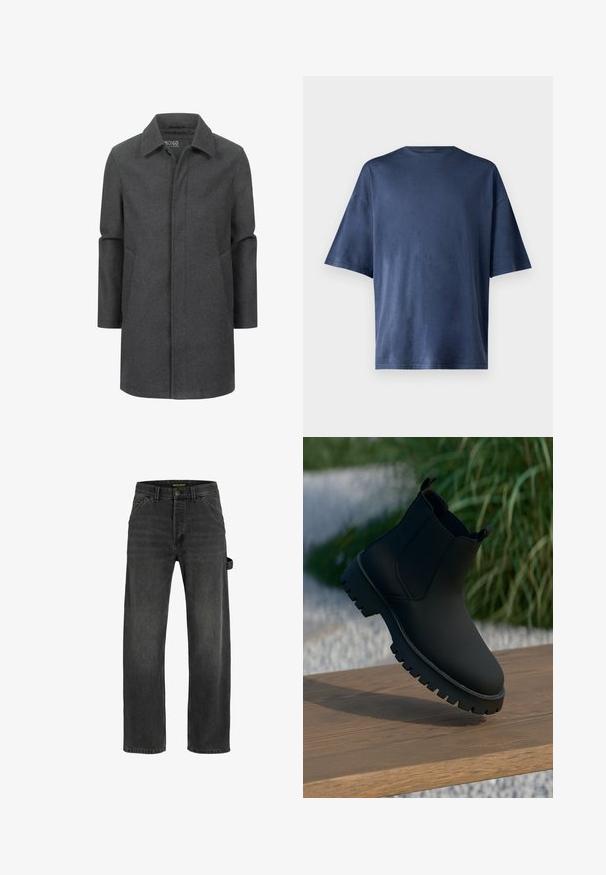 Cappotto grigio in lana con un colletto classico, design di lunghezza media, tasche laterali e una texture sottile. Chiusura frontale senza chiusure visibili.; Maglietta a maniche corte blu navy, realizzata in un tessuto morbido, presenta un classico colletto girocollo e una vestibilità comoda, senza motivi o dettagli visibili.; Jeans in denim grigio scuro con taglio dritto, cinque tasche, chiusura con bottone metallico e dettaglio con cintura laterale.; Stivale alla caviglia nero con finitura liscia, pannelli laterali elastici e una suola spessa e robusta. Ambientato su uno sfondo naturale su una superficie di legno.