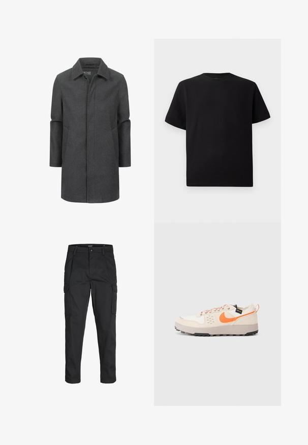 Cappotto grigio in lana con un colletto classico, design di lunghezza media, tasche laterali e una texture sottile. Chiusura frontale senza chiusure visibili.; T-shirt corto nero a maniche corte realizzato in tessuto testurizzato, con scollatura rotonda e vestibilità comoda. Semplice, senza motivi o dettagli.; Pantaloni cargo neri realizzati in un tessuto resistente, dotati di molteplici tasche, chiusura con bottone e un design aderente con gambe affusolate.; Sneaker beige con accenti arancioni, materiali in suede e mesh, chiusura con lacci, suola in gomma con trazione, branding sottile sul lato e sul tallone.