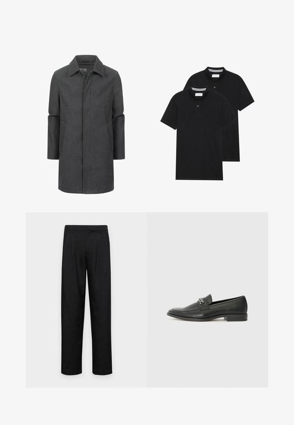 Palton gri din lână cu guler clasic, design de lungime medie, buzunare laterale și o textură subtilă. Închidere frontală fără încuietori vizibile.; Două tricouri polo negre, cu mânecă scurtă, din material de bumbac, având un guler clasic, deschidere cu două butoane și accente albe cu dungi în interiorul gulerului.; Pantaloni negri dintr-un material neted, cu un design drept, două pliuri frontale și un tiv standard cu bucle pentru curea.; Pantofii negri din piele cu un finisaj neted, având un design cusut și un accent decorativ de lanț metalic peste partea de sus. Toc plat.