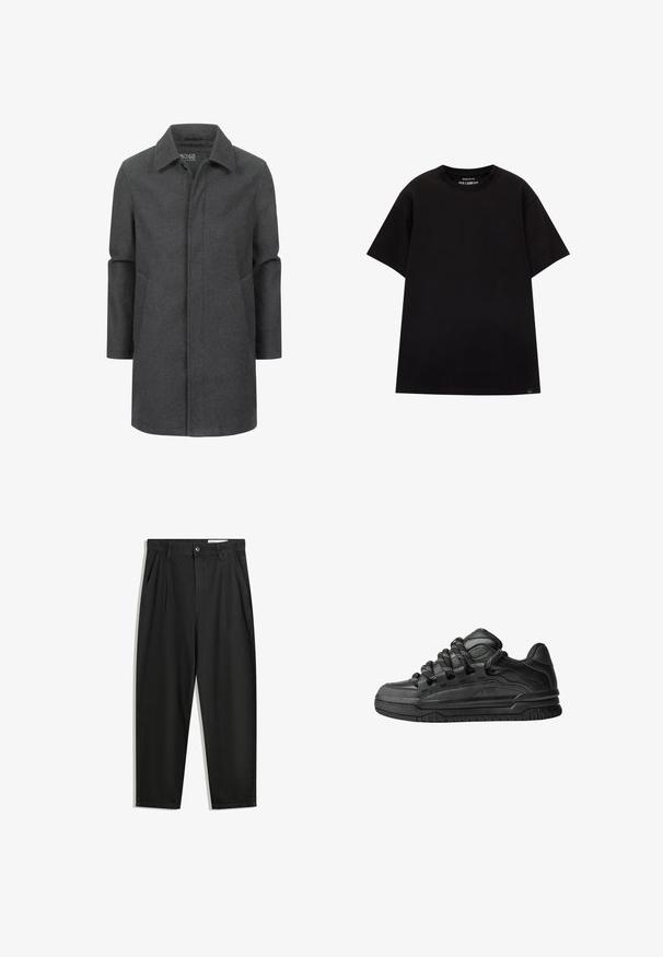 Sivý vlnený kabát s klasickým golierom, stredne dlhý dizajn, bočné vrecká a jemná textúra. Predná časť zatvorená bez viditeľných zapínaní.; PULL&BEAR JOIN LIFE - Základné tričko - black; Čierne bavlnené nohavice s voľným strihom, s klasickým pásom, prednými záhybmi a bočnými vreckami. Hladká textúra bez vzorov.; Čierne tenisky s hladkým koženým zvrškom, štruktúrovanými akcentami a okrúhlymi čierno-bielymi šnúrkami. Hrubá gumená podrážka s vzorovaným dezénom.