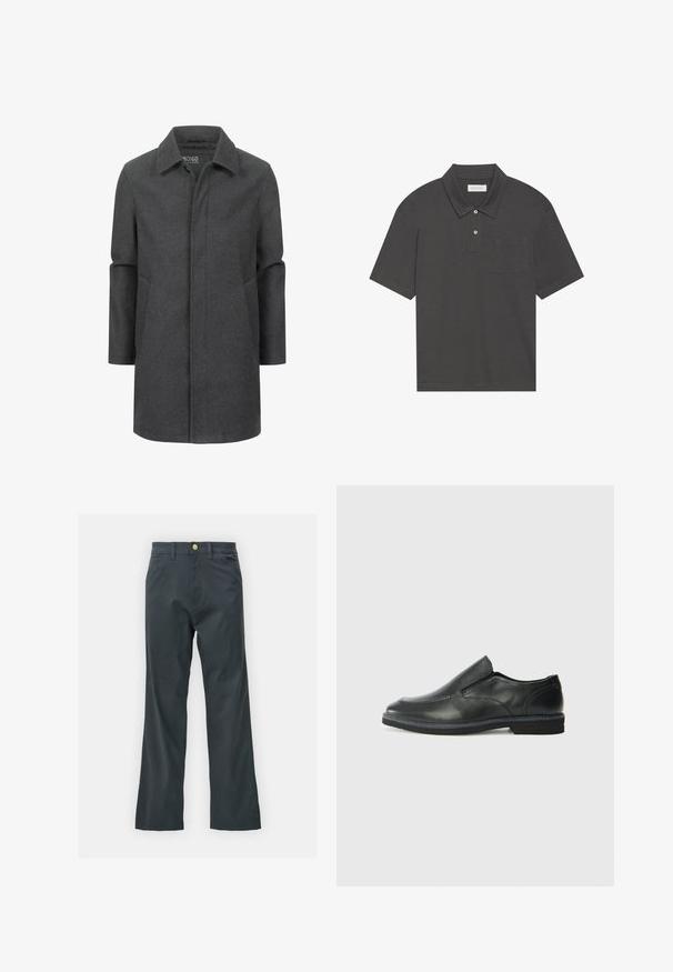 Manteau en laine grise avec un col classique, design mi-long, poches latérales et une texture subtile. Fermeture avant sans attaches visibles.; Polo shirt gris foncé avec un col traditionnel, une patte de boutonnage à trois boutons, des manches courtes et une poche sur la poitrine gauche. Tissu au toucher lisse.; Pantalons noirs avec une coupe droite, en tissu mélangé coton. Présentent une fermeture à bouton en métal et des poches latérales. Pas de motifs visibles.; Chaussure slip-on en cuir noir avec une tige lisse, des accents cousus, un bout arrondi et un petit talon en caoutchouc. La semelle présente un profil de traction minimal.