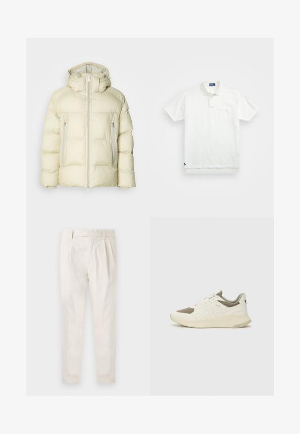 Purūs kremiškai balti švarkai su aukštu apykakle, nuimama kapsule ir dviem užtrauktukais uždarytomis šoninėmis kišenėmis. Textūruota, minkšta medžiaga su horizontaliais siūlais.; Balta polo marškiniai pagaminti iš medvilnės, su klasikiniais kraštais, trijų mygtukų sprandeliu ir kairiuoju krūtinės kišeniu; mažas logotipas apačioje.; Balti, susiūtos kelnes, turinčios pritaikytą siluetą, pasižyminčias lygia tekstūra, dirželio kilpomis ir siaurėjančiomis kojomis. Nėra matomų kišenių ar raštų.; Baltas ir šviesiai bežinis sportinis kedas, su tinklo viršumi, perforuotais detalėmis ir tekstūruotu tarpine su logotipu ant kulno.