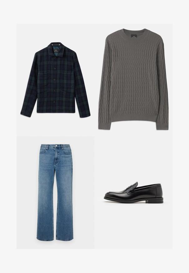 Sötétzöld és tengerészkék kockás gombos dzseki hosszú ujjal, gallérral, valamint négy elülső zsebbel.; Armani Exchange Pulóver - dark gull zig zag; Széles lábú, koptatott kék farmernadrág. Öt zsebből, elülső gombos záródásból és egyenes szabásból áll.; Fekete bőr loaferek sima textúrával, kerek orral és dekoratív pánttal a vampnál. Alacsony, rétegelt sarkú, minimalista dizájn.