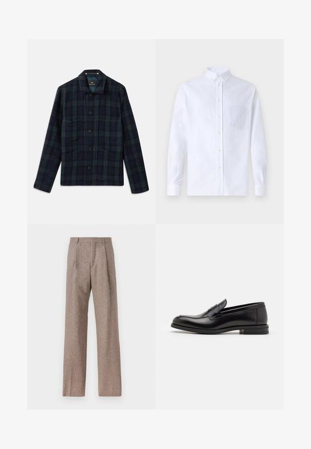 Tummanvihreä ja laivastonsininen ruudullinen nappijakku, jossa on pitkät hihat, kaulus ja neljä etutaskua.; Valkoinen pitkähihaista napillista paitaa, joka on valmistettu puuvillasta. Paita sisältää rinnan kohdalla taskun, jossa on samaa sävyä oleva brodeeraus, kauluksen sekä napilliset hihansuut.; Ruskejat, korkeavyötäröiset housut, jotka on valmistettu teksturoidusta kankaasta. Ominaisuuksina ovat leveät lahkeet ja kaksi etupuolelle ommeltua laskosta rakenteen tukemiseksi. Siisti viimeistely ilman näkyvää metalliosaa.; Mustat nahkakengät, joissa on sileä pinta, pyöreä kärki ja koristeellinen nauha jalkapöydän yli. Matala pinoitu koroke, minimalistinen muotoilu.