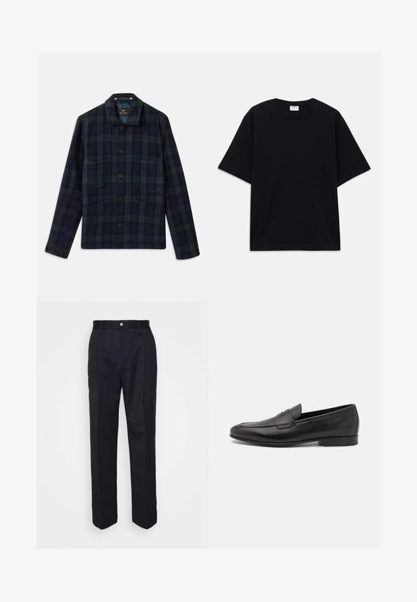 Donkergroen en marineblauw ruitjes-overhemdjasje met lange mouwen, kraag en vier voorkruisen.; Zwarte oversized T-shirt met korte mouwen en ronde hals, met zichtbaar Filippa K merkelabel aan de binnenkant van de kraag.; Zwarte op maat gemaakte broek met een rechte pijpontwerp, gemaakt van gladde stof, met een sluiting met een frontknop en twee zakken aan de zijkant.; Zwarte leren herenloafers met een lage hak en een klassiek pennystrap-ontwerp, getoond in zijaanzicht op een witte achtergrond.