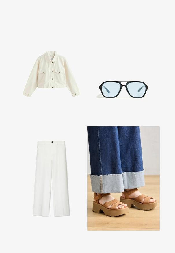 Gekürzte weiße Jeansjacke mit spitzem Kragen, zwei Brusttaschen und Knopfverschlüssen mit metallischen Akzenten.; Kuscheliger Strickpullover mit breiten horizontalen navyblauen und weißen Streifen, Rundhalsausschnitt sowie gerippten Bündchen und Saum.; Weiße, weite Hosen mit glatter Textur, ausgestattet mit einem vorderen Knopfverschluss und Gürtelschlaufen, gefertigt für eine lockere Passform.; Braune Wildleder-Plateausandalen mit doppelten Riemen, ausgestattet mit einer strukturierten Sohle und einem dicken, konturierten Absatz. Getragen mit Jeanshosen.; Schwarze Sonnenbrille mit rechteckigen Fassungen, blaufarbenen Gläsern und einem markanten Brückendesign. Schlanke Oberfläche, dezente Textur.; Schwarze Leder-Handtasche mit einer Halbmondform, glatter Oberfläche und verstellbarem Tragegurt, mit subtilen Hardware-Details. Sichtbarer Reißverschluss.