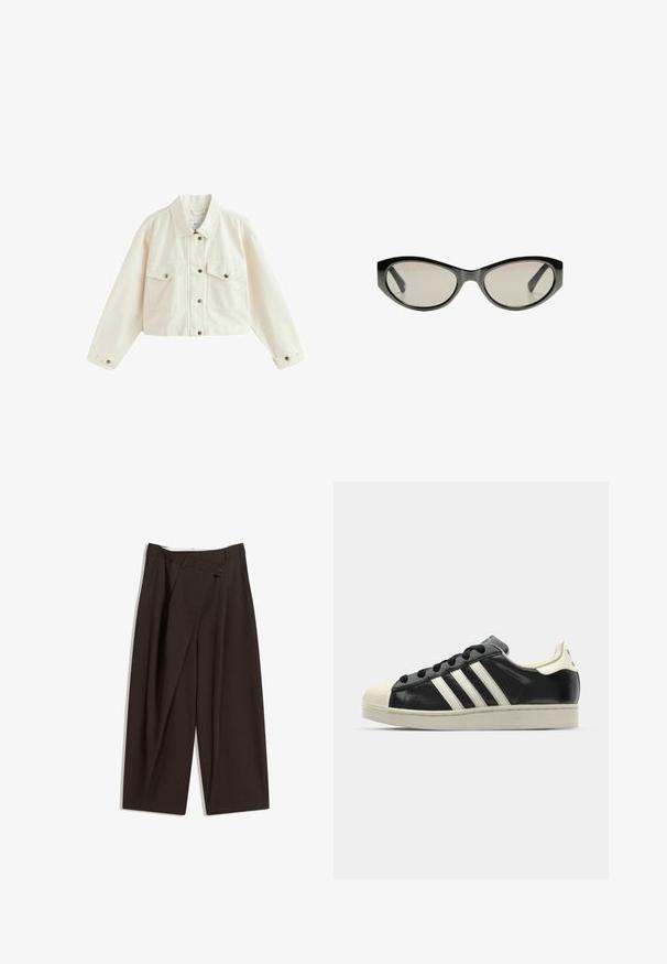 Giacca in denim bianca cropped con colletto a punta, due tasche sul petto e chiusure a bottone con accenti metallici.; Top corto grigio scuro con scollatura a barca. Realizzato in tessuto a costine, presenta una vestibilità rilassata e un orlo pulito. Design semplice, senza motivi.; Pantaloni a gamba larga marrone scuro con vita alta, dotati di una chiusura con bottone singolo e una parte anteriore plissettata. Realizzati in tessuto leggero.; Sneaker in pelle nera con strisce bianche, punta in gomma, lacci neri e suola di colore crema. Texture liscia con finitura brillante.; Occhiali da sole neri a forma di occhio di gatto con lenti grigie. La montatura in plastica presenta bordi affilati e una finitura liscia e lucida.