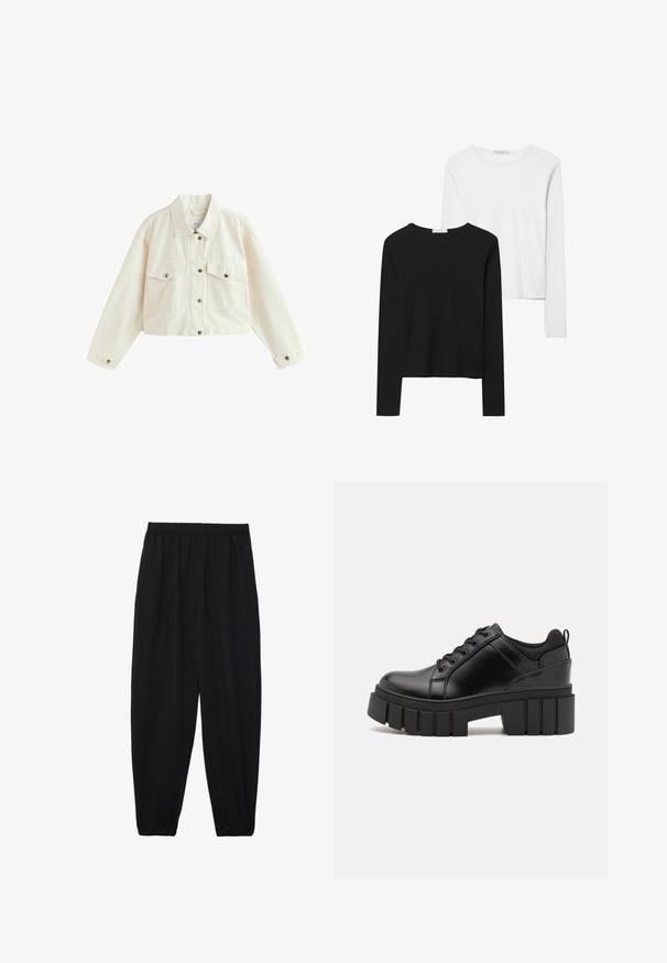 Cropped white denim jacket featuring a pointed collar, two chest pockets, and button closures with metallic accents.; Black and white long-sleeve t-shirts, featuring round necklines, soft fabric, and a fitted design with straight hems.; Black, lightweight pants with an elastic waistband and gathered ankles. The fabric is smooth and features a relaxed, tapered design.; Black leather platform shoes with a chunky block heel, round toe, and traditional lace-up design. Features smooth texture and minimal detailing.