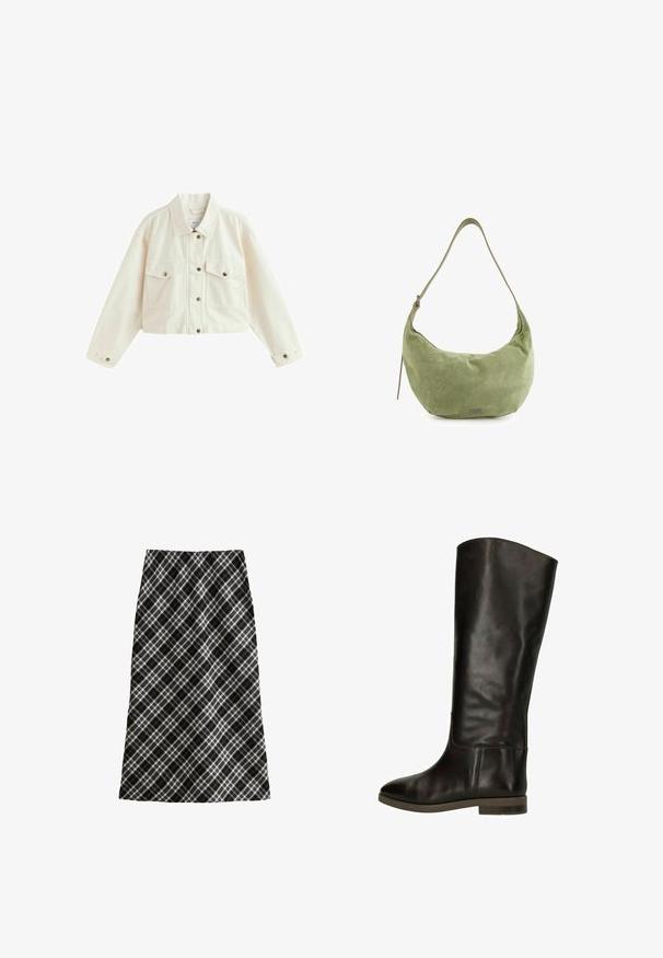 Korte witte denimjas met een puntige kraag, twee borstzakken en knoopsluitingen met metalen accenten.; Witte blouse met lange mouwen en een ronde halslijn, gemaakt van zachte stof, met minimale stikseldetails en een ontspannen pasvorm.; Zwart-witte geruite rok, half lang, A-lijn silhouet, gestructureerde stof, met kruislijnen en geometrische patronen door het geheel.; Bruine leren laarzen tot de knie met een gladde afwerking, ronde neus en een lage blokhak. Heeft een subtiele naaddetail langs de zijkant.; Groene suède hobo tas met een gebogen vorm, een verstelbare schouderband en een subtiele glans. Beschikt over een klein logo-detail aan de voorkant.