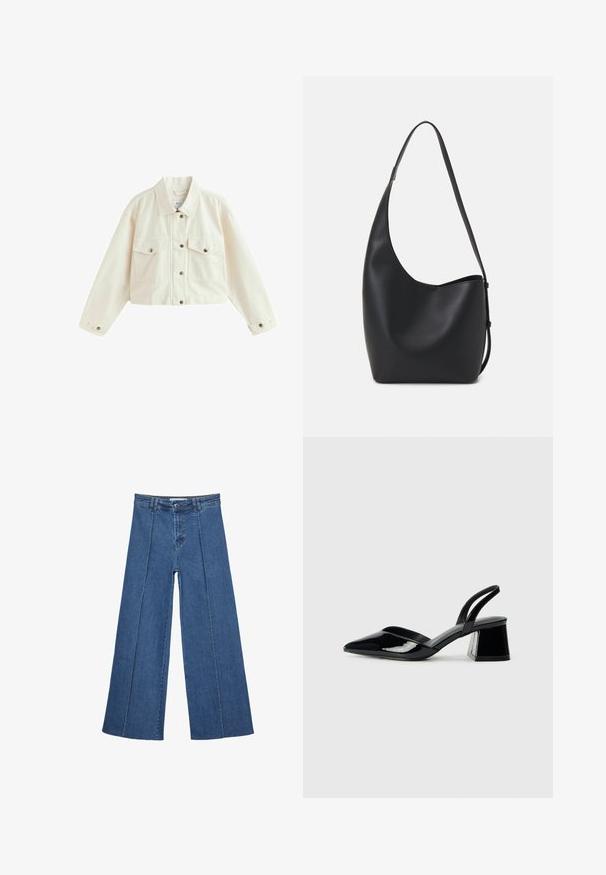 Kratka bela denim jakna z usnjeno ovratnikom, dvema žepoma na prsih in gumbnim zapenjanjem z kovinskimi poudarki.; Črna kratka majica s kratkimi rokavi, kratka dolžina, okrogli izrez in preprost dizajn, položena na ravno belo podlago.; Jeans širokih nogavic v srednji modri barvi, z visokim pasom, gumbom in kontrastnimi navpičnimi šivi spredaj.; Črne lakirane slingback pete s koničastim nosom in geometrijsko blokasto peto. Imajo eleganten, minimalističen dizajn in gladko teksturo.; Črna usnjena hobo torba z gladko teksturo, ukrivljeno obliko in eno nastavljivo naramnico; ima širok odprtina na vrhu.