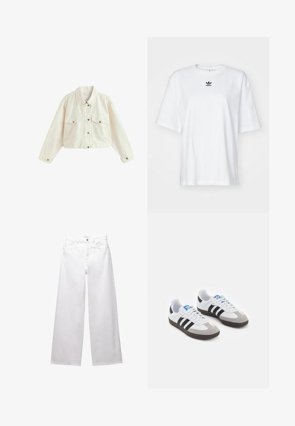 Beskuren vit denimjacka med spetsig krage, två bröstfickor och knappstängningar med metalliska detaljer.; Vit kortärmad T-shirt i bomull. Har rund halsringning och en liten svart Adidas-logotyp på bröstet. Rakt skuren fåll.; Vita vida byxor i jeansmaterial. Har knäppning i midjan, fram- och bakfickor samt stickade sömmar. Slät yta med minimala detaljer.; Sportskor med överdel i vit läder, grå mocka på tårna och tre svarta ränder. Har en blå logotyp på tungan och en texturerad gummisula.
