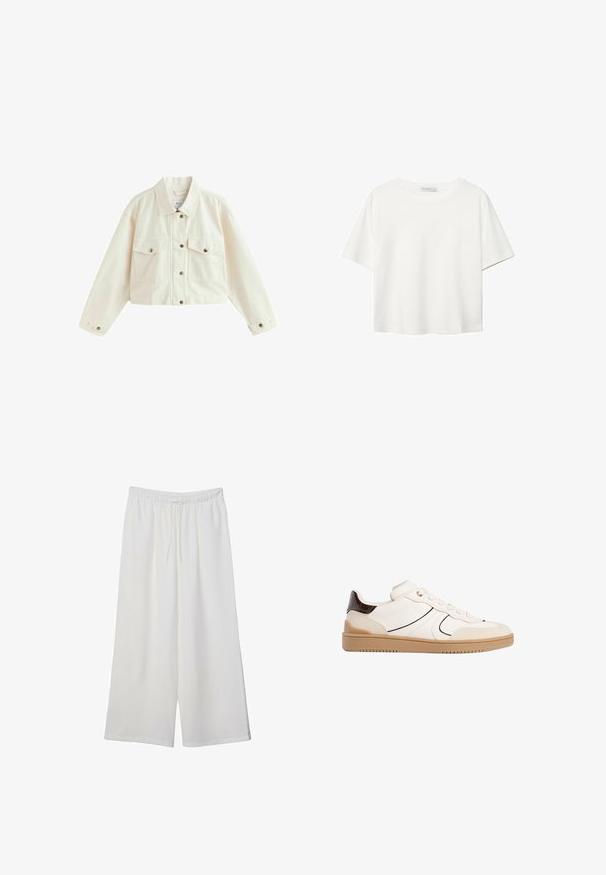 Zkrácená bílá denimová bunda s špičatým límcem, dvěma hrudními kapsami a knoflíkovým zapínáním s kovovými akcenty.; Bílý krátký rukáv tričko vyrobené z bavlny. Má kulatý výstřih a volný střih. Hladký materiál bez viditelných vzorů nebo akcentů.; Bílé kalhoty s širokými nohavicemi vyrobené z lehké tkaniny, s elastickým pasem a stahovací šňůrkou pro nastavitelnou velikost. Hladká textura.; Stradivarius Tenisky - white