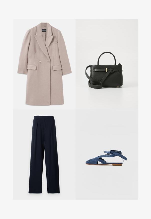 Casaco de lã bege de botão duplo com lapelas recortadas, duas bolsos frontais com aba, um bolso na parte superior do peito e mangas longas.; Sweater vermelho de gola alta feito de um suave tecido de malha. Apresenta colarinho e punhos canelados, com um corte descontraído e ombros sem costura.; Calças largas azul-marinho com pregas, feitas de um tecido macio. Apresenta uma cintura suave e um design simples para uso versátil.; Emporio Armani Sandálias - blue; Bolsa de mão em pele preta com acabamento texturizado, alças superiores e uma alça ajustável longa. Apresenta um detalhe em metal dourado na parte da frente.