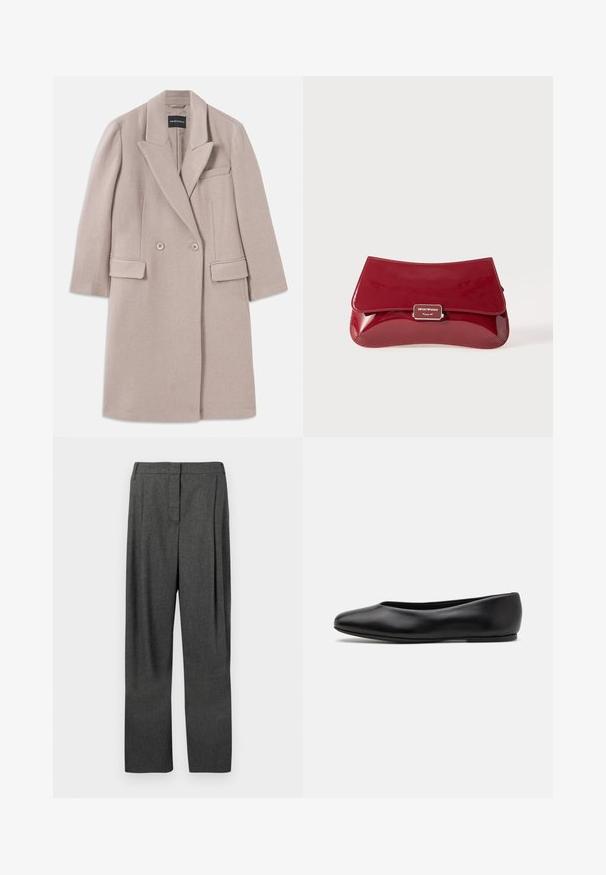 Casaco de lã bege de botão duplo com lapelas recortadas, duas bolsos frontais com aba, um bolso na parte superior do peito e mangas longas.; Camisa de manga longa branca, com colarinho mandarim e fecho de botões oculto, exibida sobre fundo branco.; Calças cinzas feitas de tecido tecido, com perna reta, pregas frontais e uma textura suave.; Paul Smith TOPANGA - Sabrinas - black; Clutch em pele vernizada vermelha com um design curvado, aba a dobrar e um detalhe de logótipo em metal numa placa prateada. Textura suave e brilhante.